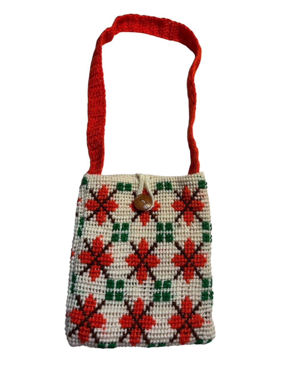 Handmade Crochet Bag Cream Orange Floral Motifs Green Brown 1-Button Close